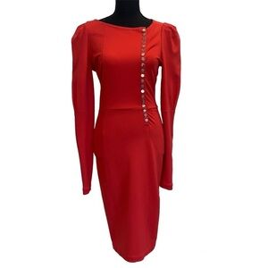 MISS Sixty Rare Red Long Sleeve Button Front Puff Shoulder Bodycon Dress Sz M